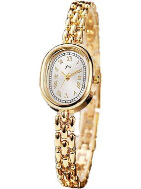 Women's Gold White Metal Link Band Bracelet Numeral Elegant Oval Analog Watch